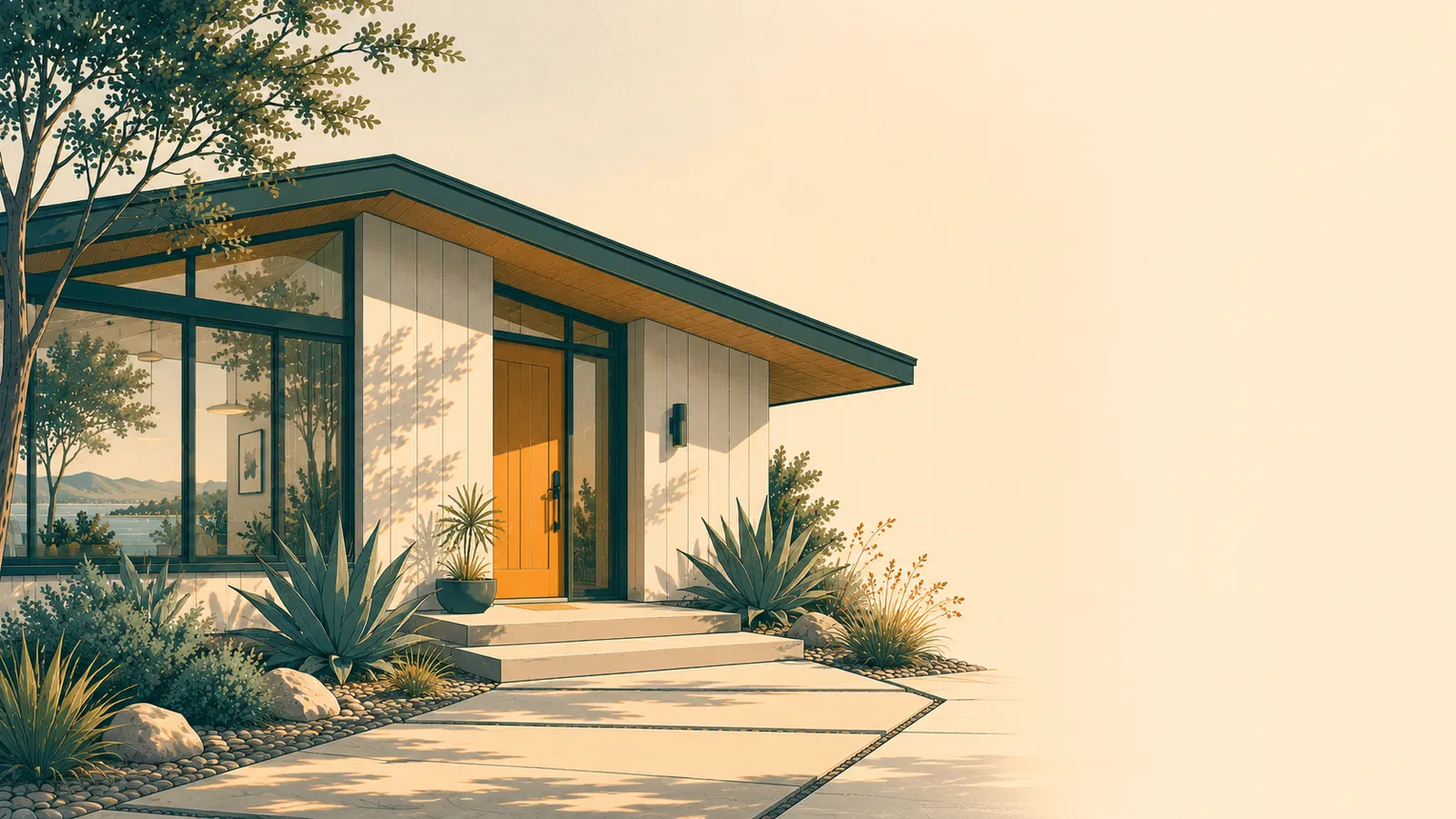 Illustration of Bay Area homes with the Golden Gate Bridge and Sutro Tower
